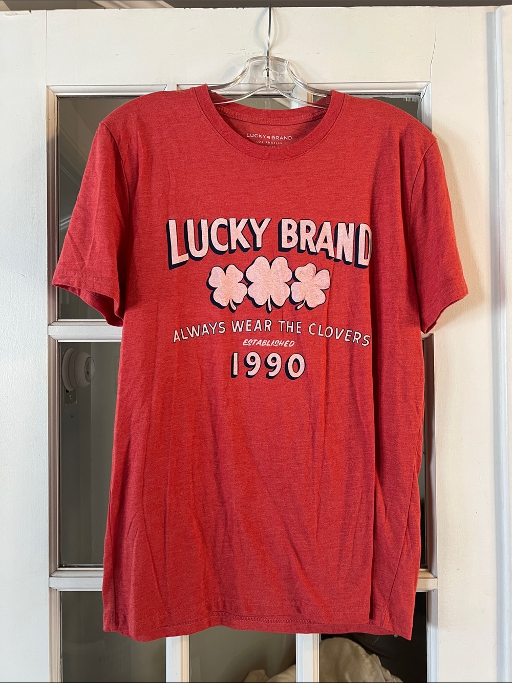 Lucky Brand Rust Graphic Tee with Pink Clover Motif